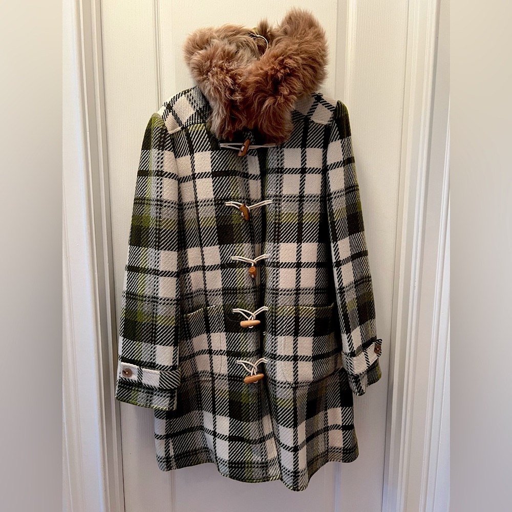 Green plaid winter wool coat fur hood J CREW sz M nwot